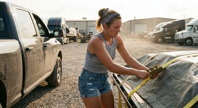 Woman securing cargo with straps on a truck in an industrial area.