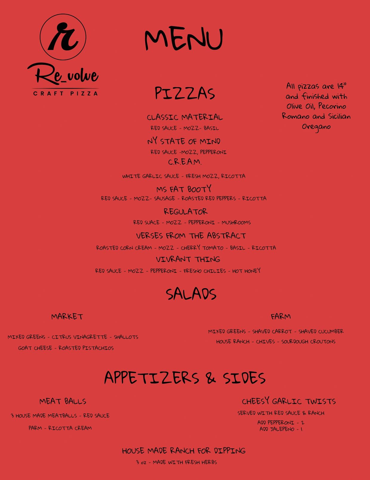 Red menu from Re_volve Craft Pizza featuring pizzas, salads, and appetizers with detailed ingredients.
