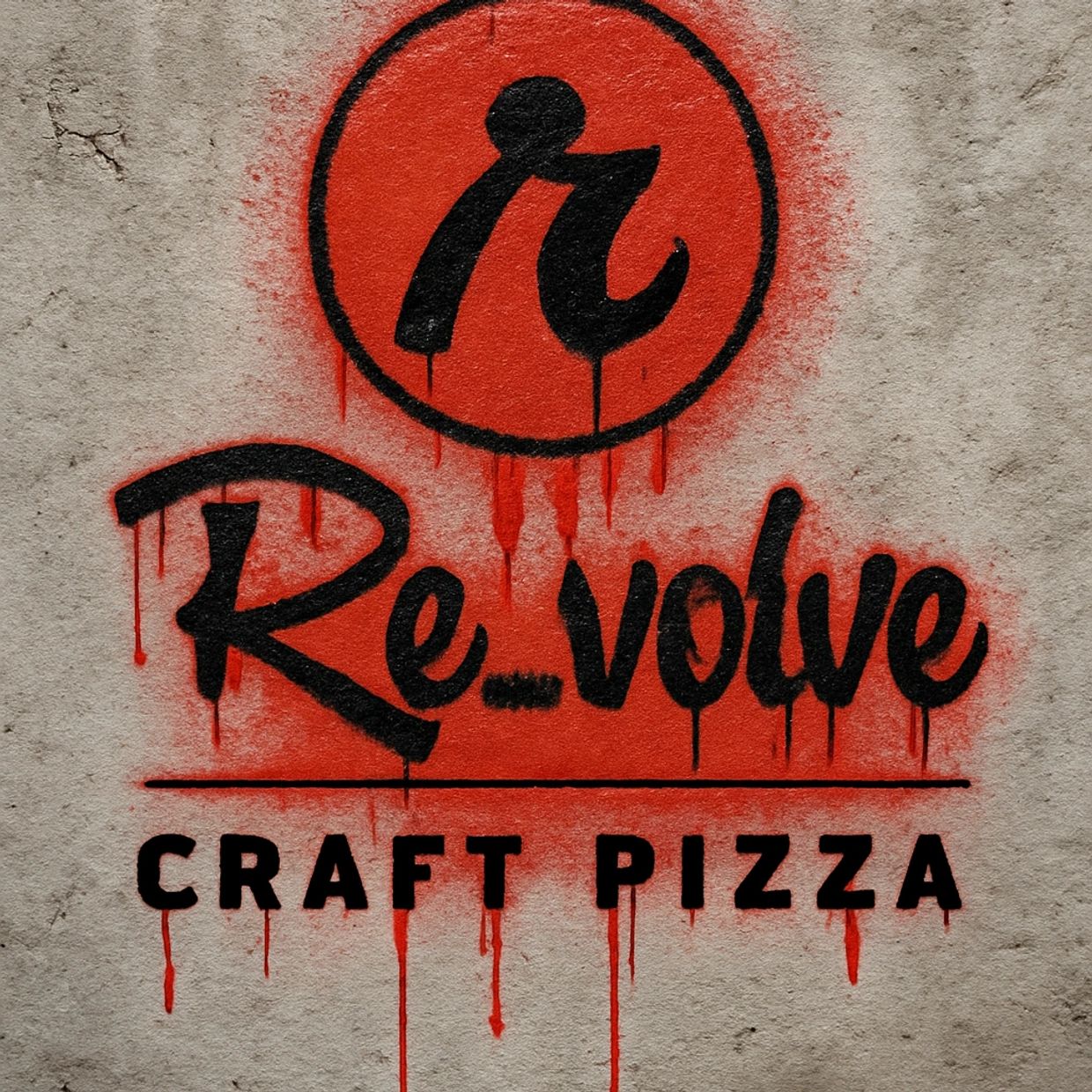 Graffiti-style logo for Revolve Craft Pizza painted on a textured wall.