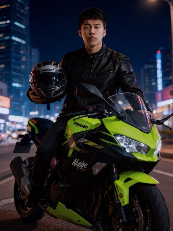 Young man with helmet sitting on a neon green motorcycle at night.