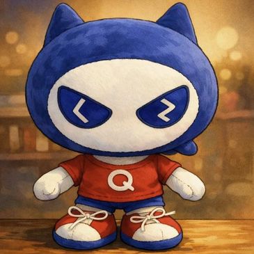 Cartoon figure with blue cat-like hood and red shirt.