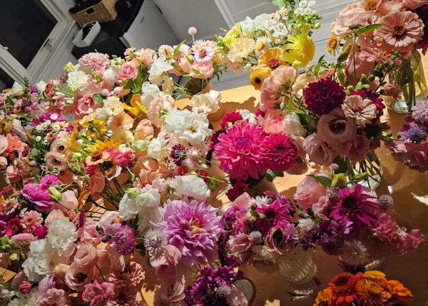 A colorful assortment of fresh flowers laid out on a table.