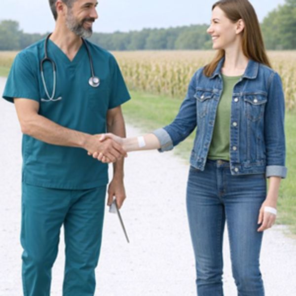 A doctor and a woman shake hands outdoors, both smiling.