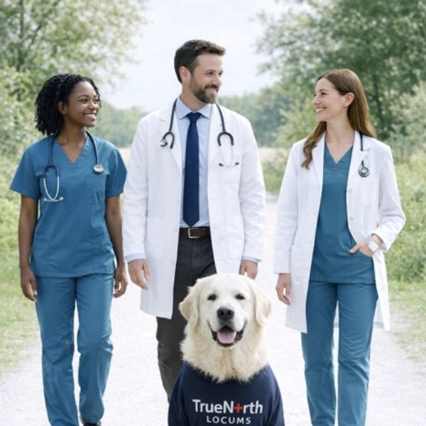 Three healthcare professionals walking outdoors with a friendly therapy dog.