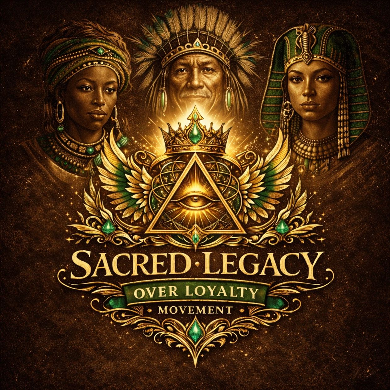 Golden emblem with diverse royal figures and an eye symbol, highlighting 'Sacred Legacy Over Loyalty Movement'.