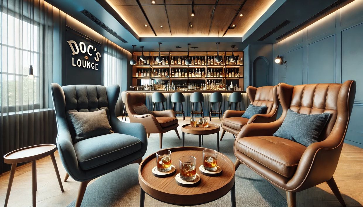 Cozy lounge with leather armchairs and drinks on wooden tables near a stocked bar.