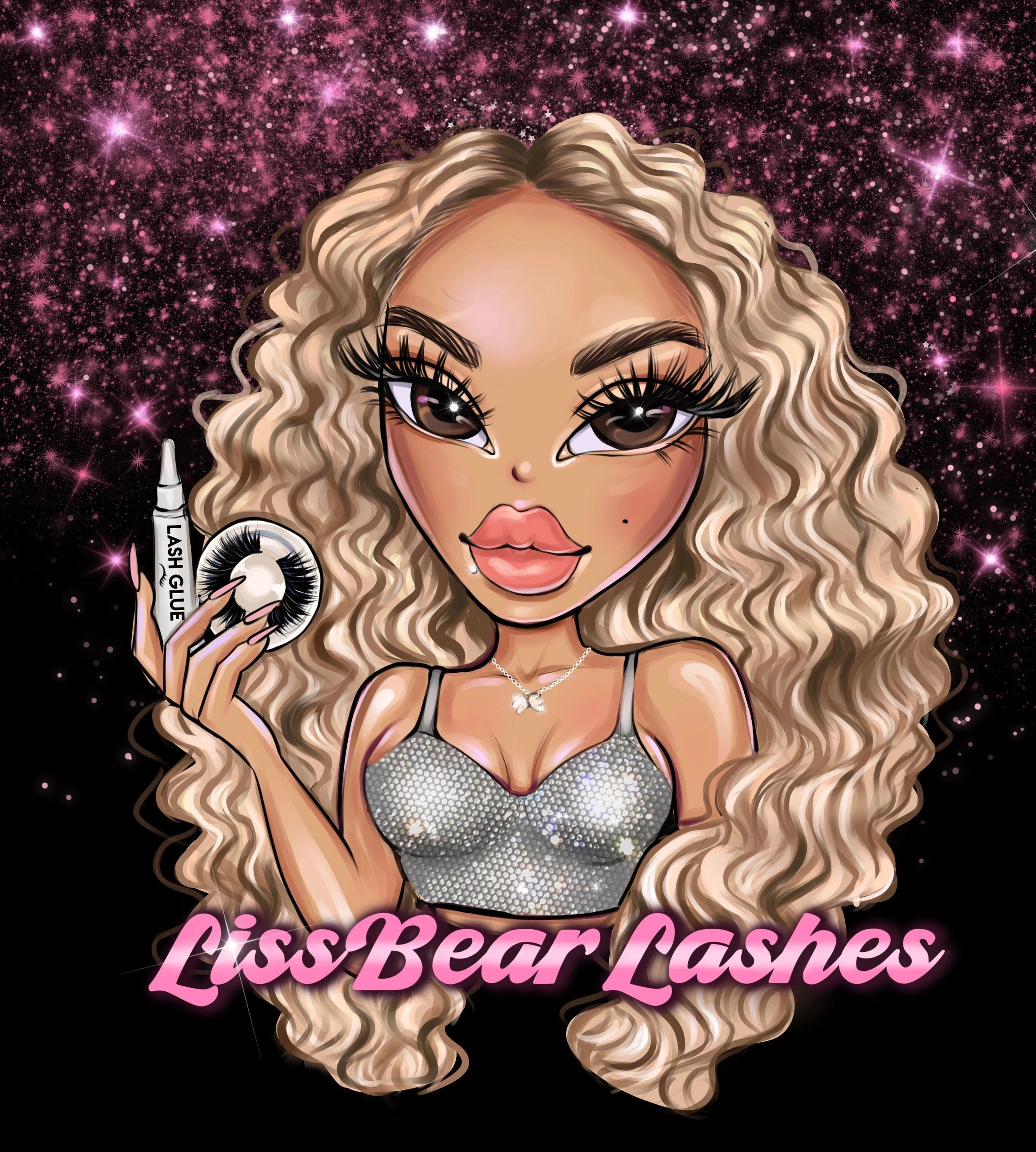 Glamorous cartoon woman with luscious lashes and blonde curls, holding lash glue and lashes.