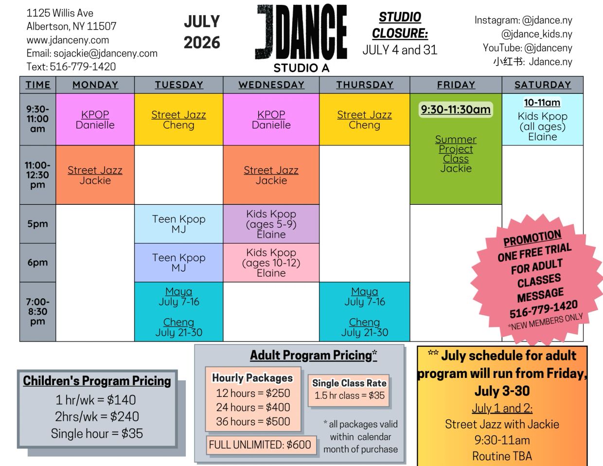 July 2026 dance class schedule and pricing at JDance Studio A.
