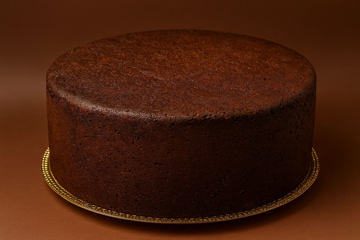 A round, rich chocolate cake on a gold plate.