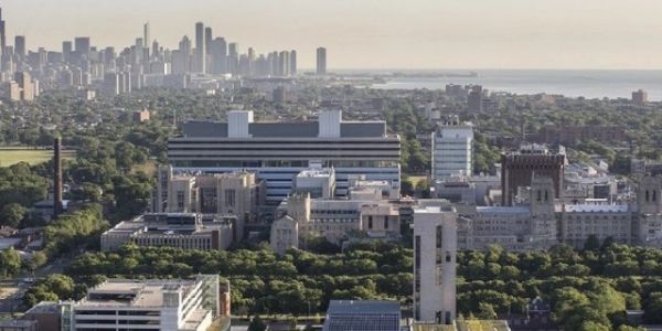 A city skyline with a mix of modern and historic buildings surrounded by greenery.
