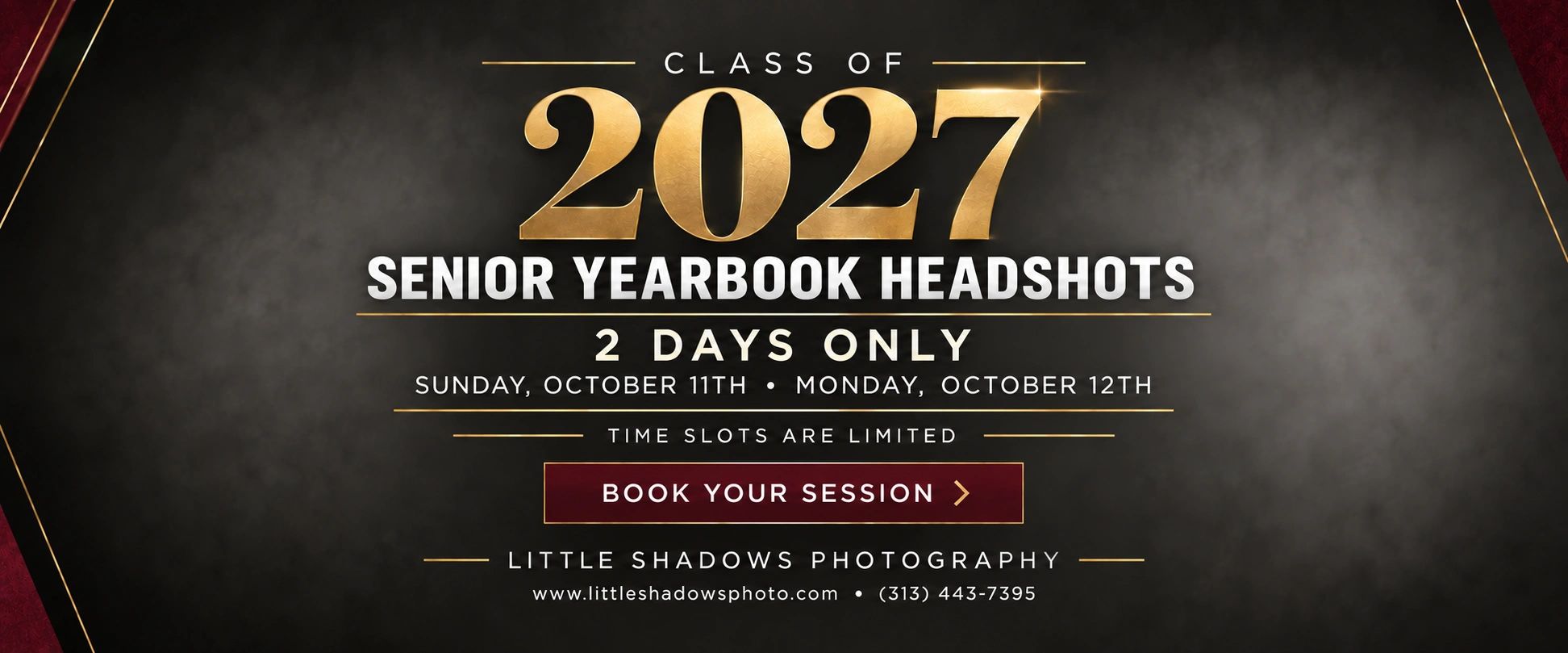 Announcement for 2027 senior yearbook headshots with limited time slots.