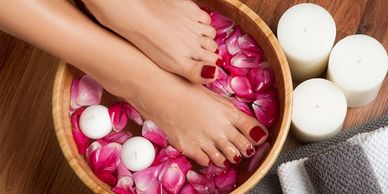 Lady's feet painted with nail polish after having a pedicure