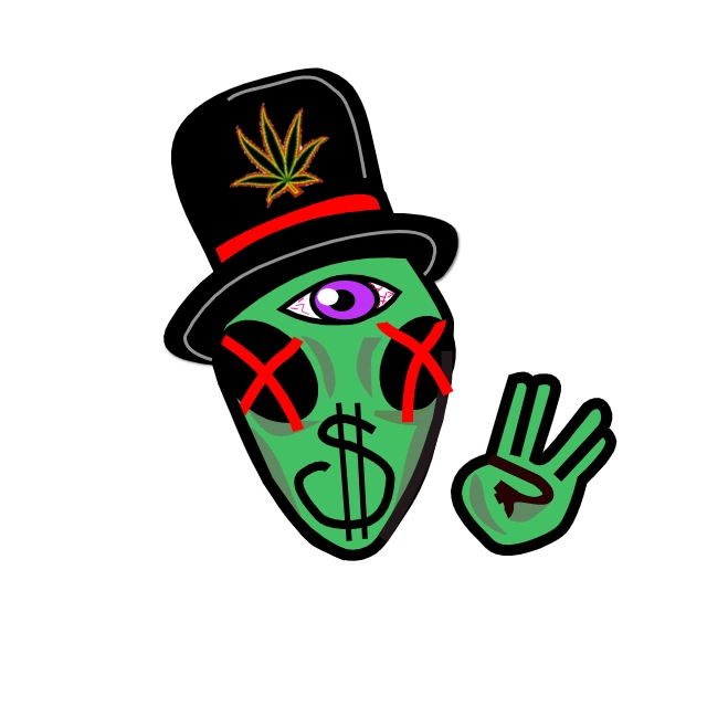 Green alien with one purple eye, dollar sign face, and a hat with a cannabis leaf.