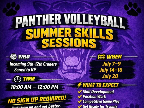 Panther Volleyball summer skills sessions for incoming 9th-12th graders with no sign-up required.