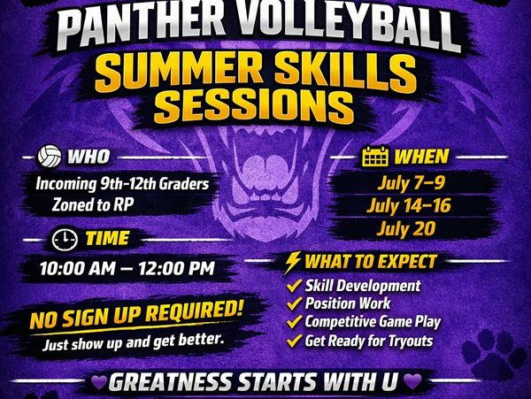 Panther Volleyball summer skills sessions for incoming 9th-12th graders with no sign-up required.