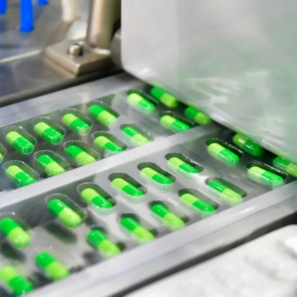 Green and yellow capsules being packaged in blister packs.