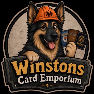 Logo of a dog in a construction hat holding trading cards.