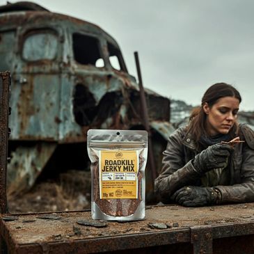 A woman in gloves inspects a piece of jerky next to a package of Roadkill Jerky Mix on a rusty surface.