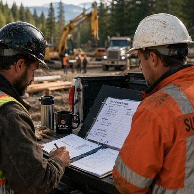 Supervisors reviewing documentation on a BC construction jobsite, showing practical HR systems, safe
