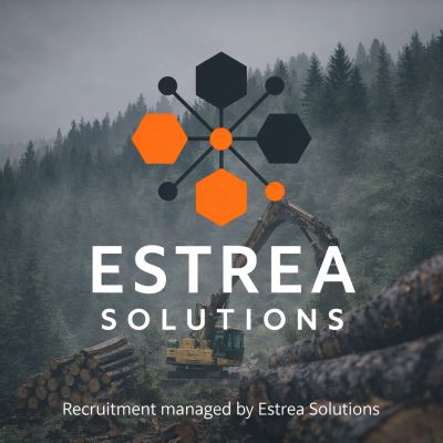 Forestry jobsite with logging equipment and Estrea Solutions branding.