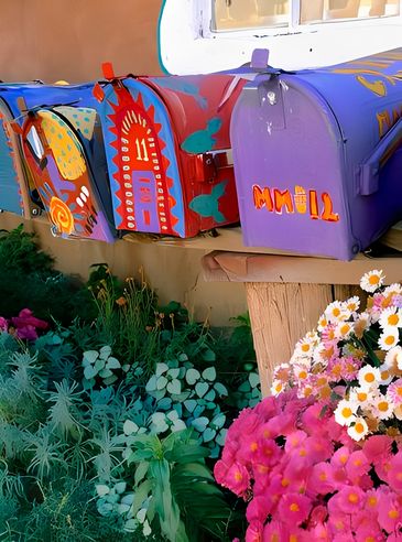 Colorful, hand-painted mailboxes with vibrant flowers in front of a rustic wall.