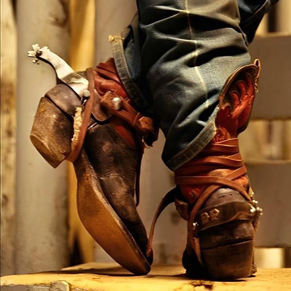 Well-worn cowboy boots with spurs and blue jeans.