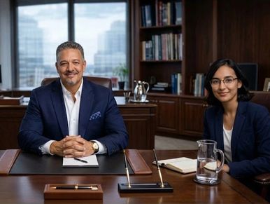 Two professionals in a corporate office setting, smiling at the camera.