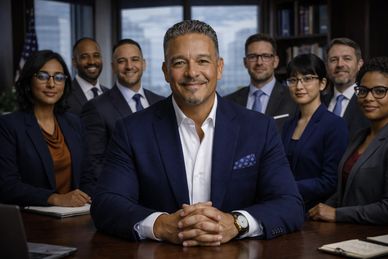 Confident business leader with diverse team in formal office setting.