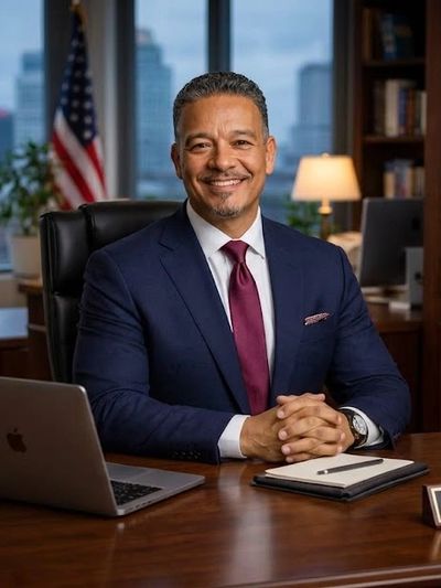 Confident professional man in office with American flag and laptop.