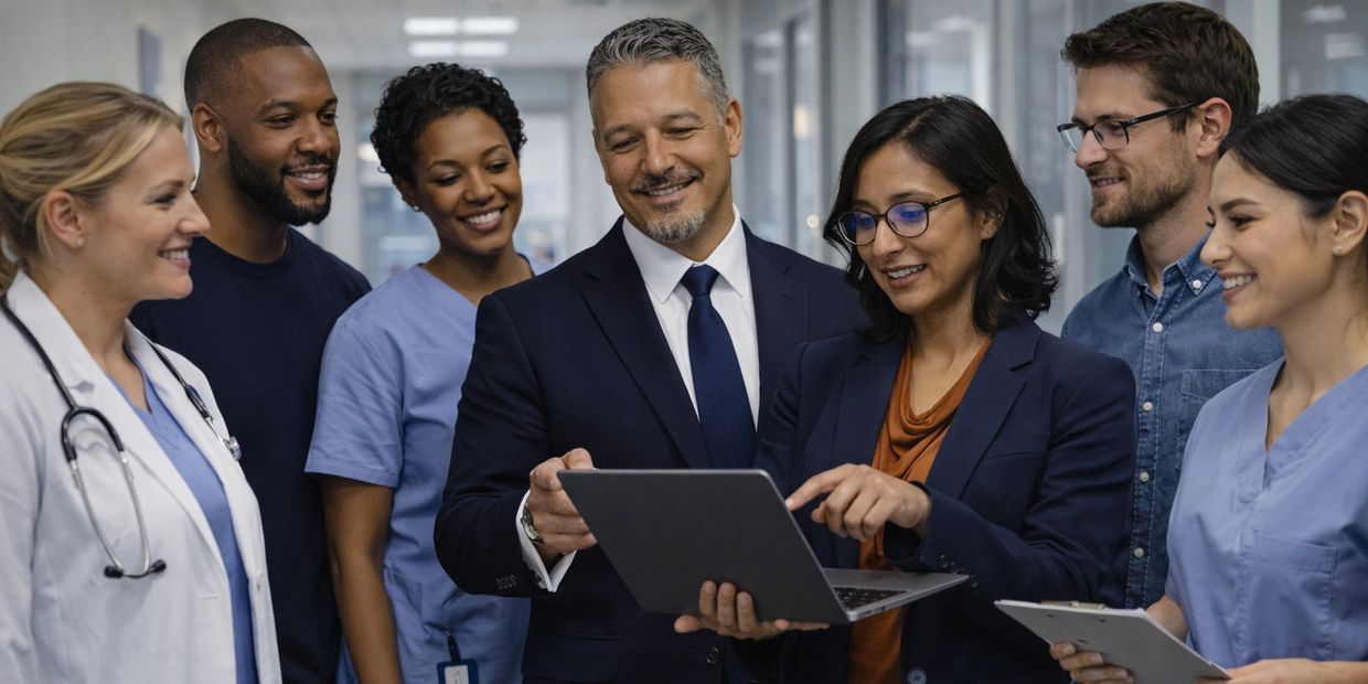 Diverse medical team and professionals reviewing information on a laptop together.
