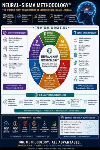 Comprehensive infographic of the Neural-Sigma Methodology™ by Dr. Shawn P. West. The visual illustra