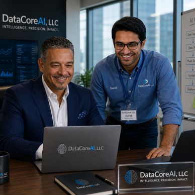 Two professionals collaborating at DataCoreAI office with laptops and branded materials.