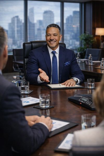 Smiling businessman leading a meeting in a modern office.