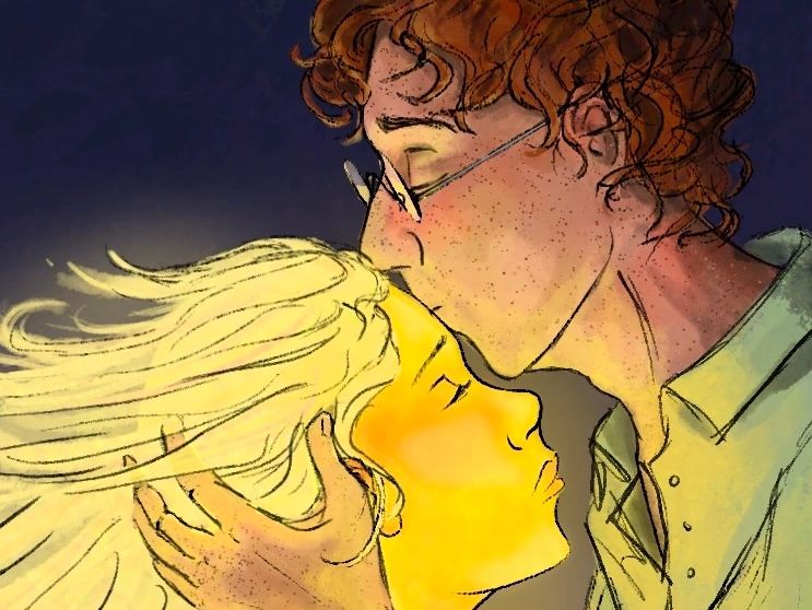 Cayra a glowing girl is kissed on the forehead by Merson a red haired boy, og art by Elizabeth Lux
