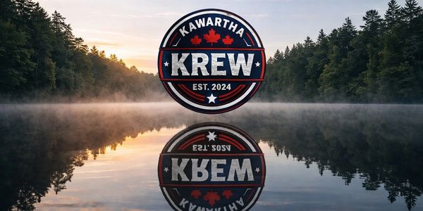 Kawartha Krew logo reflected on a serene lake at sunrise.