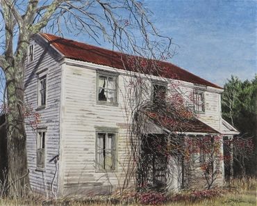 Old, weathered house with peeling paint and red roof.
