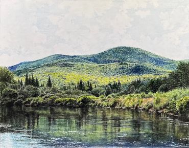 Landscape painting of a river with mountains in the background.