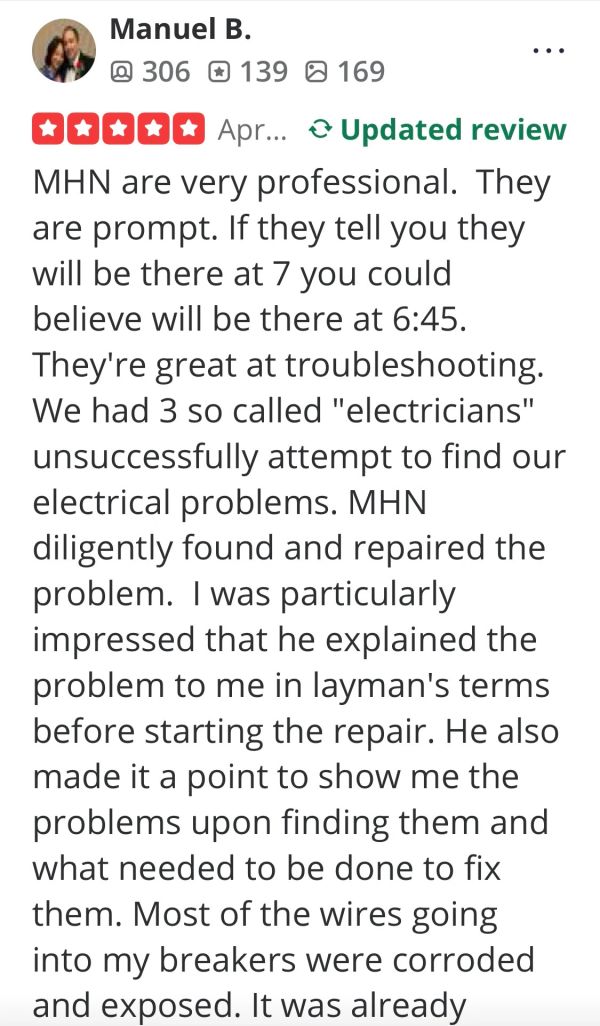 Positive review praising MHN's professionalism and effective electrical repair service.