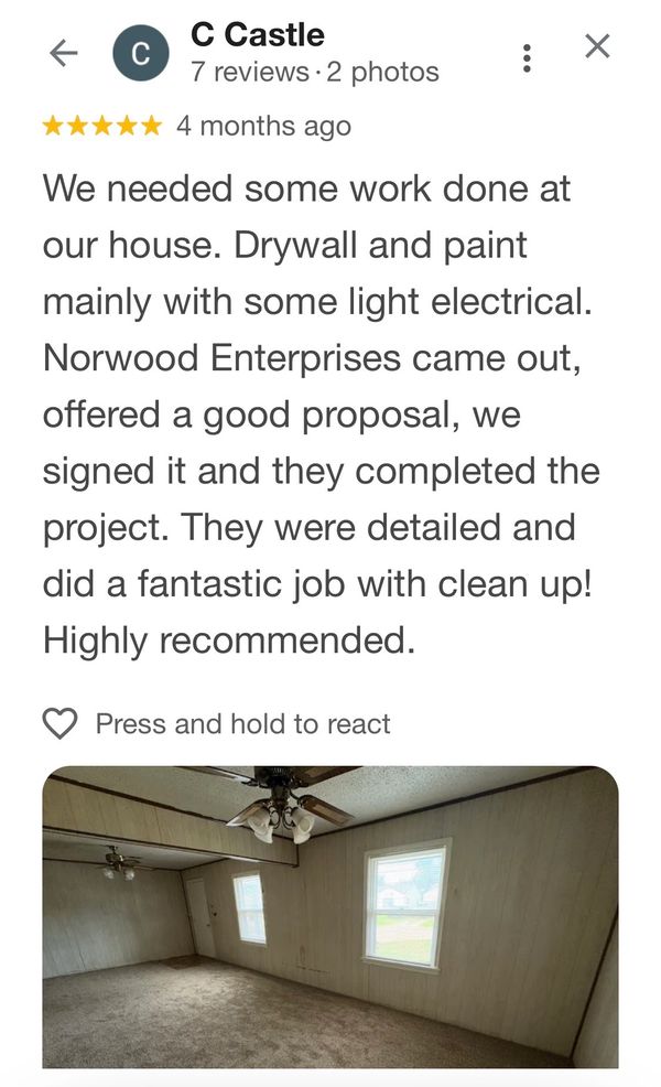 Review praising drywall and paint work with light electrical.