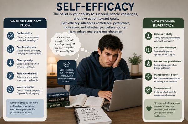 Infographic on self-efficacy's impact on college success and mindset.