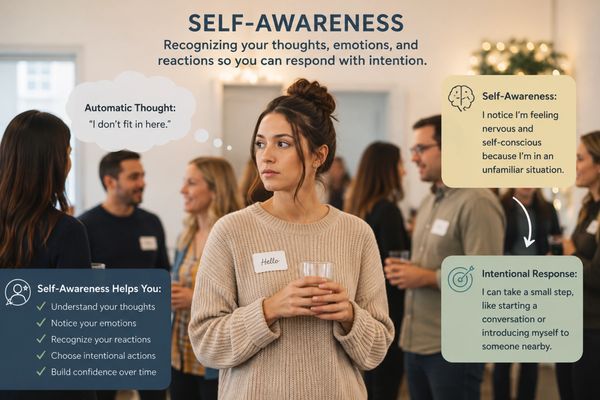 A woman practices self-awareness in a social setting, recognizing her emotions and thoughts.