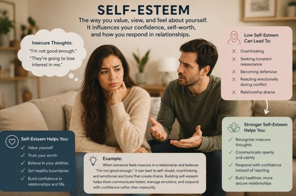 Couple discussing self-esteem issues affecting their relationship and confidence.