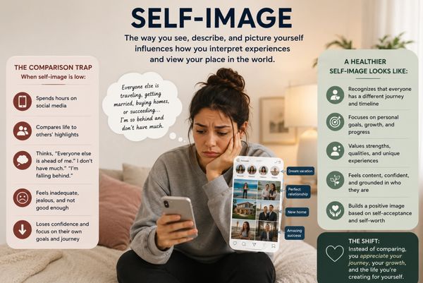 Infographic about self-image, comparison traps, and healthier self-image habits.