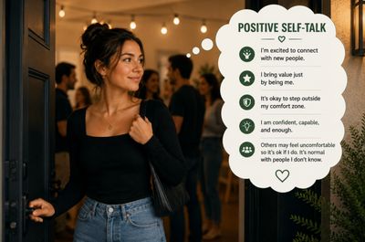 A woman embraces positive self-talk with confidence and openness.