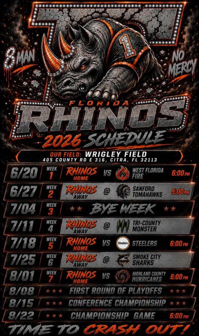 Florida Rhinos 2026 football schedule with a fierce rhino mascot graphic.