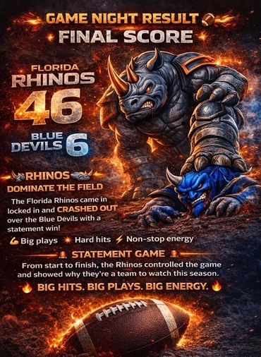 Florida Rhinos dominate Blue Devils 46-6 in game night showdown.