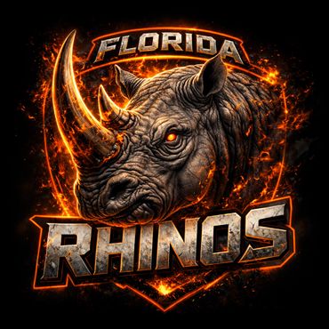 Fierce flaming rhinoceros logo for Florida Rhinos.