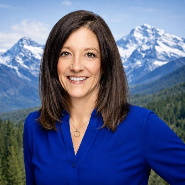 Woman in blue shirt smiling with mountain background.