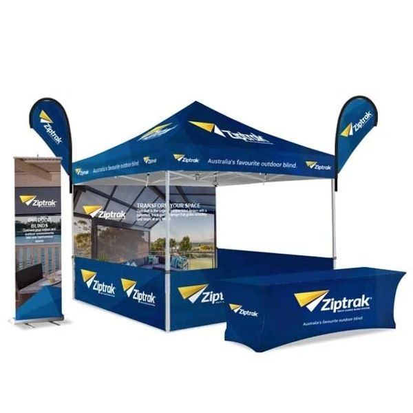 Custom popup tent and canopy. Trade show display tent with walls and table cover. Feather flags and d
