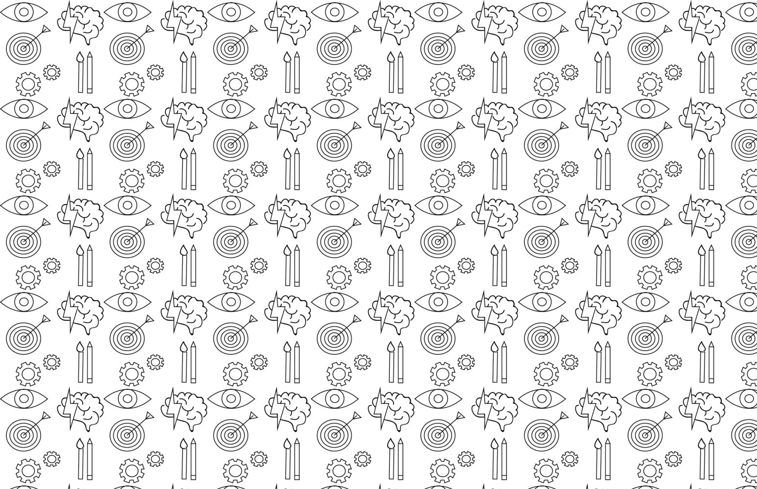 pattern featuring eyes, trees, targets, pencils, gears and other creative illustrations.